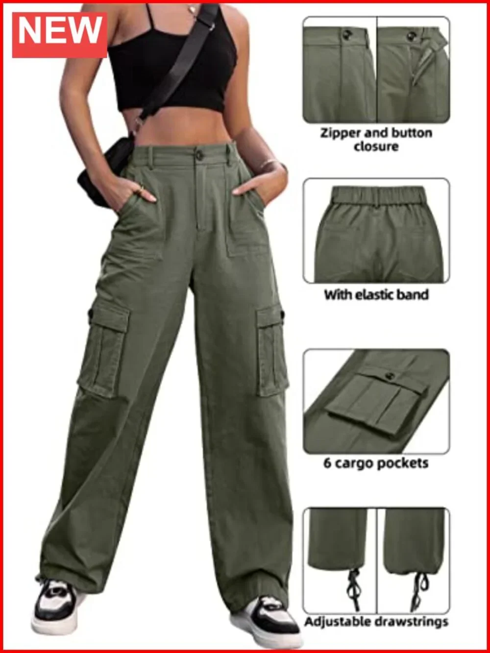 Wide Leg Cargo Pants 6 Pockets Cotton Spandex Military Trousers